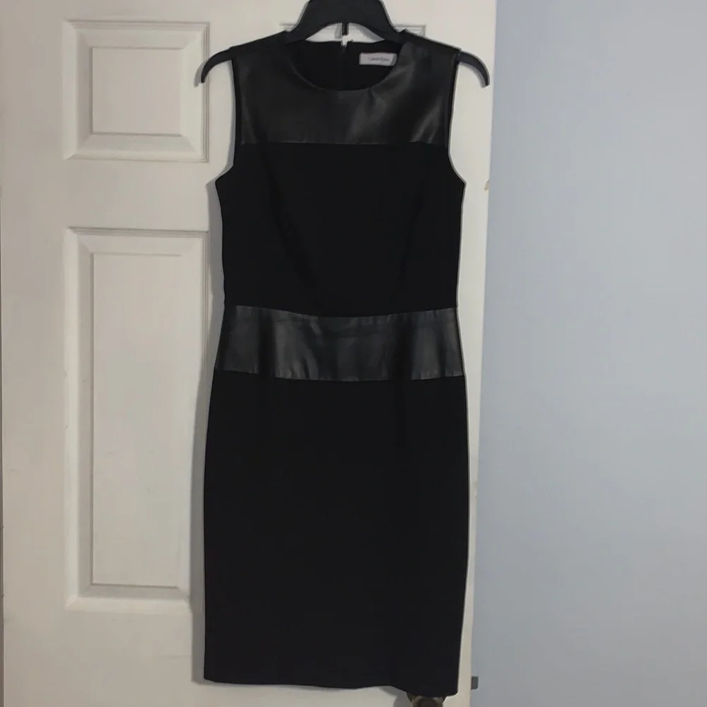 Calvin Klein Black Faux Leather Stripes Lined Sheath Dress - Picture 3 of 10